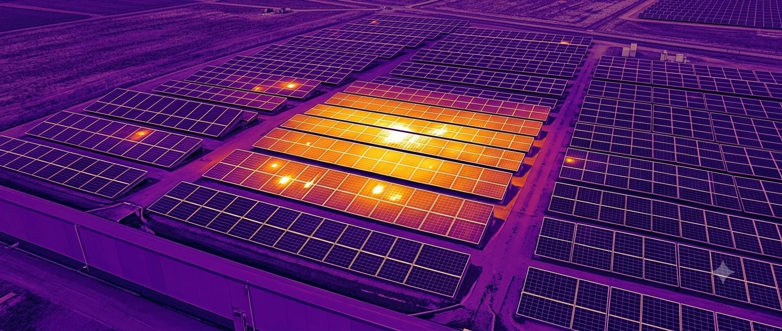 Inspecție termografică aeriană a unui parc fotovoltaic cu drona — imagine termică cu zone supraîncălzite